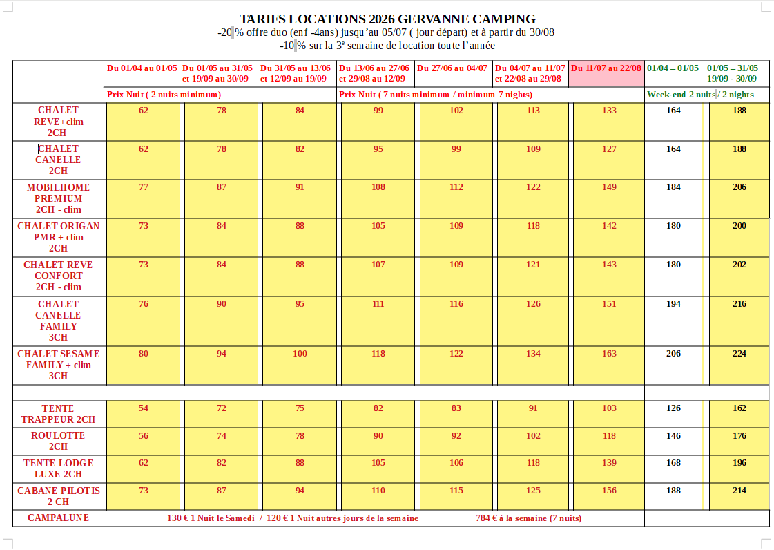 TARIFS LOCATIONS 2026