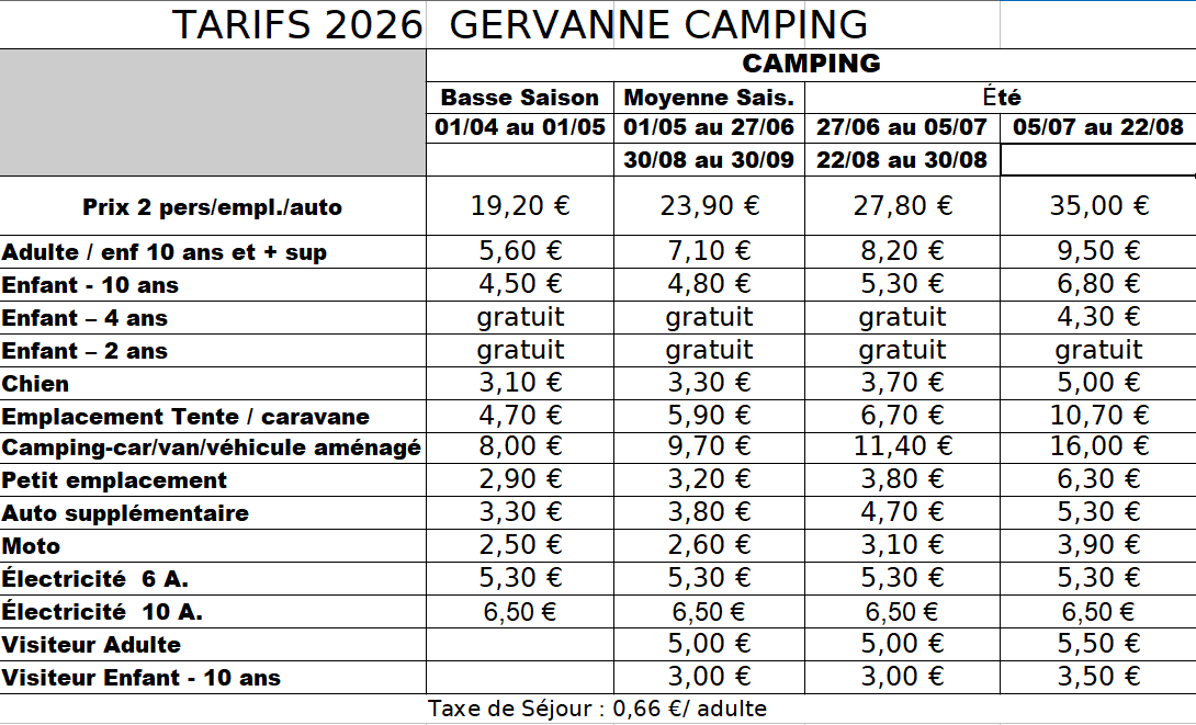 PRIX 2026 EMPLACEMENTS DE CAMPING